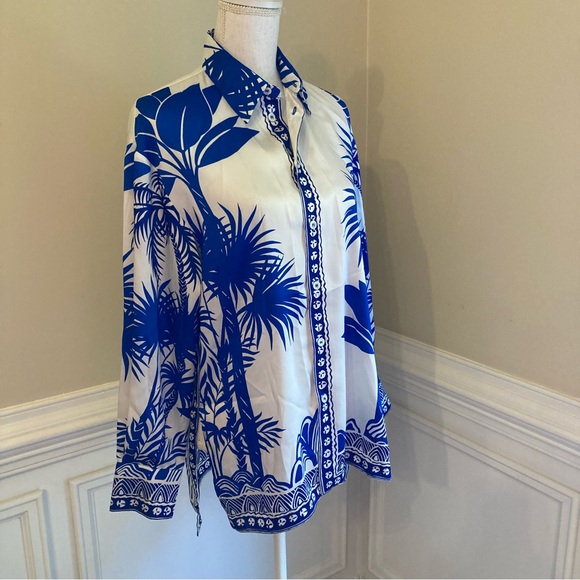 ZARA SET Blue White Tropical Palm Print Satin Button Down Shirt & Bermuda Shorts - Picture 13 of 15